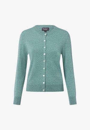 Cardigan en bleu sarcelle clair fabriqué en tissu doux et texturé. Il présente un col rond, des manches longues et des fermetures à boutons blancs sur le devant.