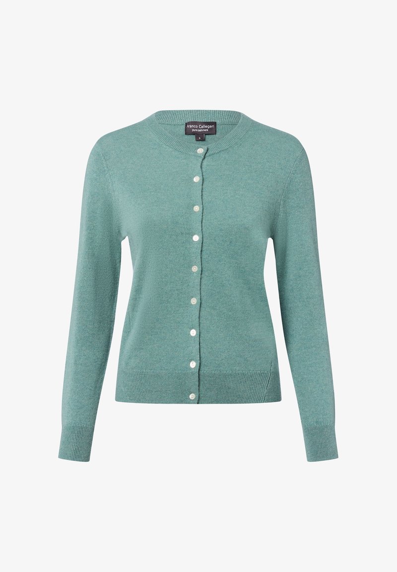 Licht teal vest gemaakt van zachte, gestructureerde stof. Heeft een ronde halslijn, lange mouwen en witte knoopsluitingen aan de voorkant.