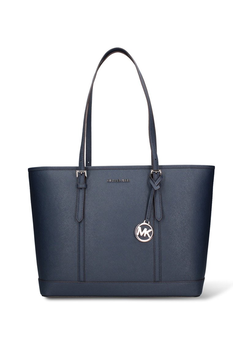 Borsa tote sintetica blu navy con doppi manici, superficie strutturata, charm con logo e cuciture a contrasto sui lati. Forma rettangolare.
