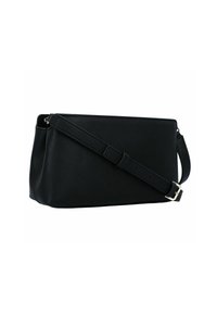 Borsa a tracolla nera in similpelle con forma rettangolare, tracolla regolabile e dettagli in fibbia argentata. Texture morbida, design minimalista.