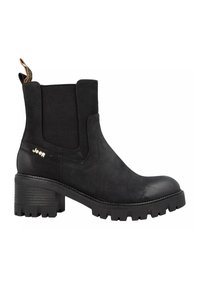 Stivale alla caviglia in suede nero con pannelli laterali elasticizzati, tacco largo e suola in gomma texturizzata. Presenta dettagli del logo discreti.