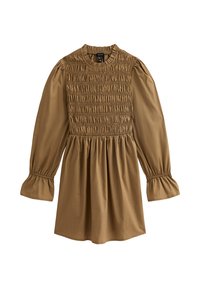 Abito marrone a maniche lunghe con corpetto arricciato, scollatura rotonda, vita arricciata e polsini a campana sulle maniche.