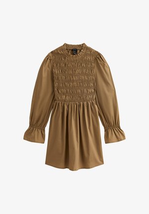 Abito marrone a maniche lunghe con corpetto arricciato, scollatura rotonda, vita arricciata e polsini a campana sulle maniche.