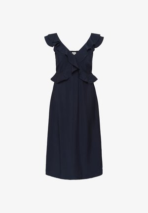 Abito midi blu navy senza maniche con scollo a V e dettagli arricciati sulle spalle e in vita.