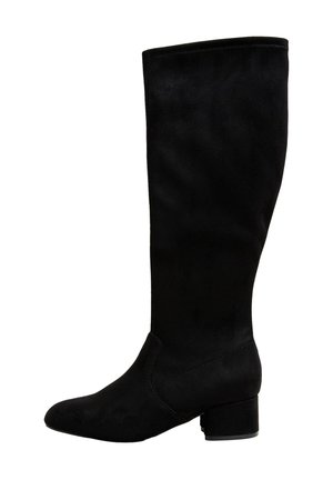 Vrouw die zwarte kniehoge laarzen, zwarte leren korte broek en een zwarte jas draagt, met een zwarte handtas naast zich.