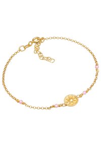 Bracciale in catena d'oro con un charm rotondo texturizzato e tre perle rosa. Lunghezza regolabile con chiusura a moschettone sicura.