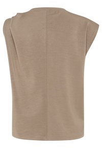 Top bej fără mâneci, cu o cusătură a umărului ușor curbată, textură netedă și tiv drept. Design simplu, fără embellismente vizibile.