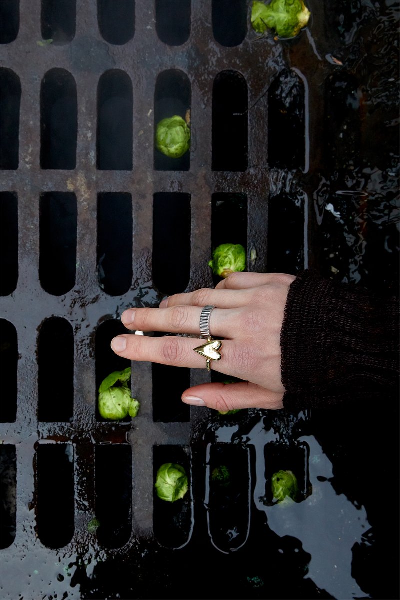 Silberne Ringe an einer Hand, die über einem dunklen Metallgitter positioniert ist, mit grünen Rosenkohl, die in Wasserpfützen verstreut sind.