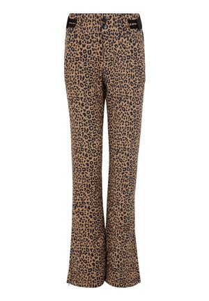 Pantalons évasés en tissu imprimé léopard dans des tons beige et noir. Caractéristiques : poches avant et ceinture avec deux boutons noirs. Texture lisse.