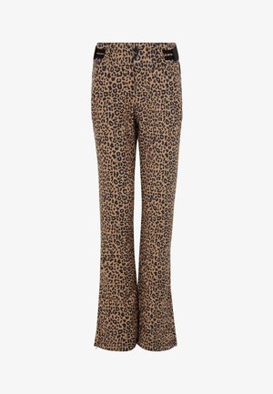 Lepardprint wijde broek in tan en zwart stof. Voorzien van zijzakken en een tailleband met twee zwarte knopen. Soepele textuur.