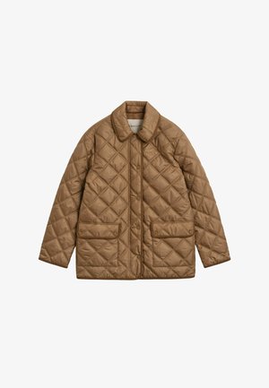 Braune gesteppte Jacke mit rundem Kragen, Druckknöpfen und zwei Vordertaschen. Verfügt über ein Rautenmuster und leichtes Material.