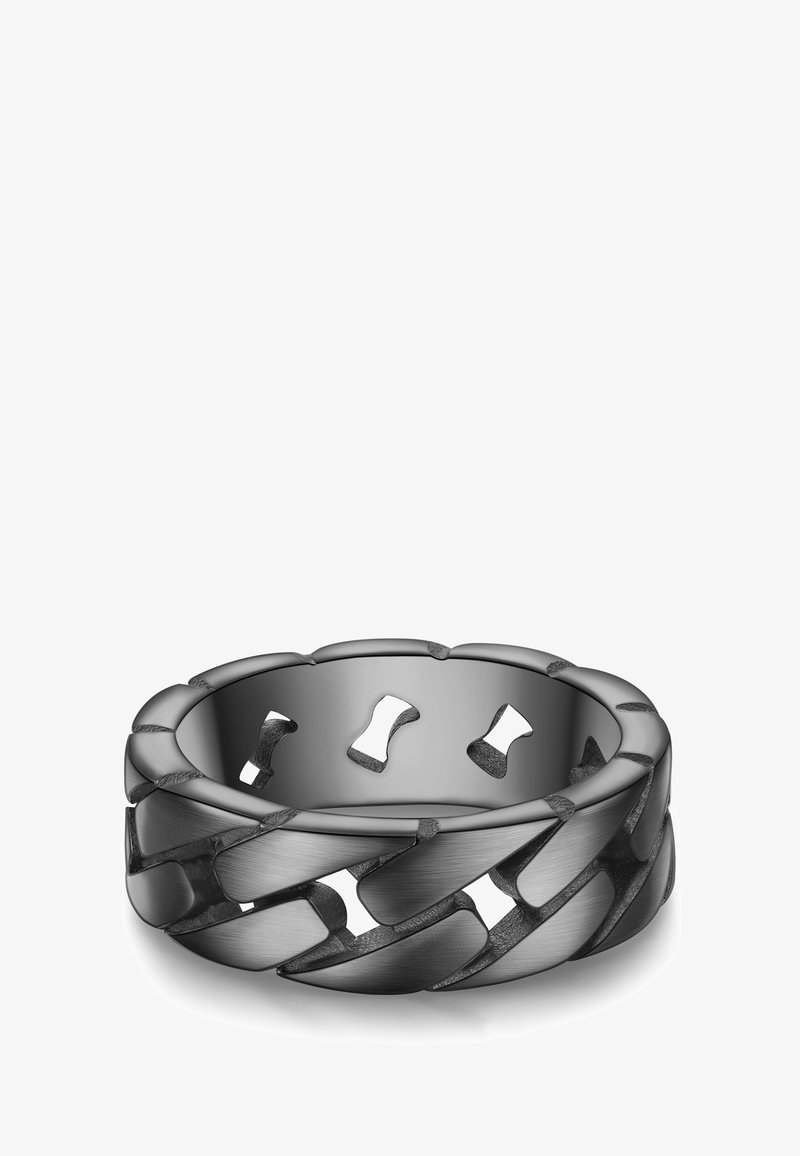 Black metal ring with an interlocking pattern, featuring smooth and textured sections, and cut-out shapes for added detail.