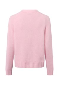 Rosa gestrickter Pullover mit rundem Ausschnitt, langen Ärmeln und geripptem Saum. Die Textur ist weich und glatt. Rückansicht angezeigt.