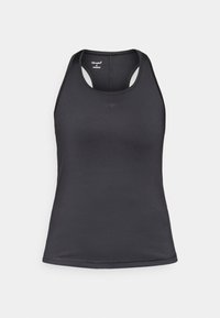 Μαύρο αθλητικό αμάνικο τοπ με σχέδιο racerback, κατασκευασμένο από λείο, ελαστικό ύφασμα με ελάχιστες ραφές και λεπτομέρεια λογότυπου στο μπροστινό μέρος.