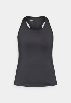 Čierny atletický tielkový top s dizajnom racerback, vyrobený z hladkej, pružnej tkaniny s minimálnymi švami a logom na prednej strane.