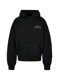Felpa nera con cappuccio e tasca frontale, logo ricamato "MJONZALES". Presenta polsini e orlo a costine, tessuto morbido.
