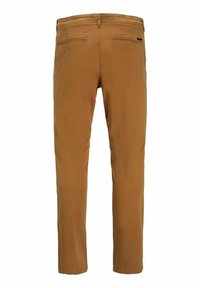 Brown, lightweight trousers with a smooth texture, featuring two back pockets and a straight-leg design. Classic cut and durable material.