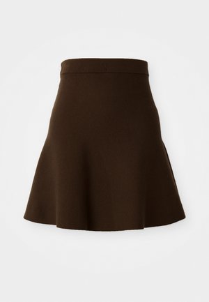 Brown flared skirt made of a soft fabric with a smooth texture. Features a fitted waistband and knee-length design, no visible patterns.
