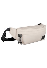 Beige szövet deréktáska téglalap alakú, ívelt tetejű, fekete állítható pánttal és két fekete cipzárhúzóval. Jellemzője egy logófolt.