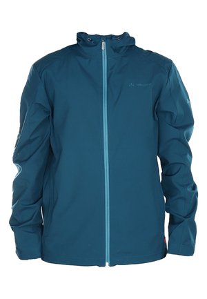 Blauer Kapuzenjacke mit Reißverschluss, langen Ärmeln, verstellbaren Kordeln an der Kapuze und dezentem Logo auf der Brust und am linken Ärmel.