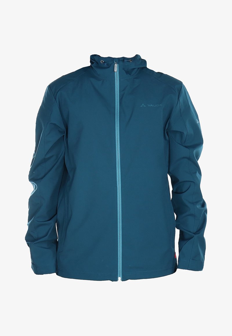 Veste à capuche bleue zippée, manches longues, cordons réglables à la capuche, et logo discret sur la poitrine et la manche gauche.
