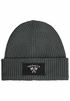 Gray knitted beanie with a wide ribbed cuff, featuring a black tag embossed with the word "valhalla" and two axes. Soft texture.