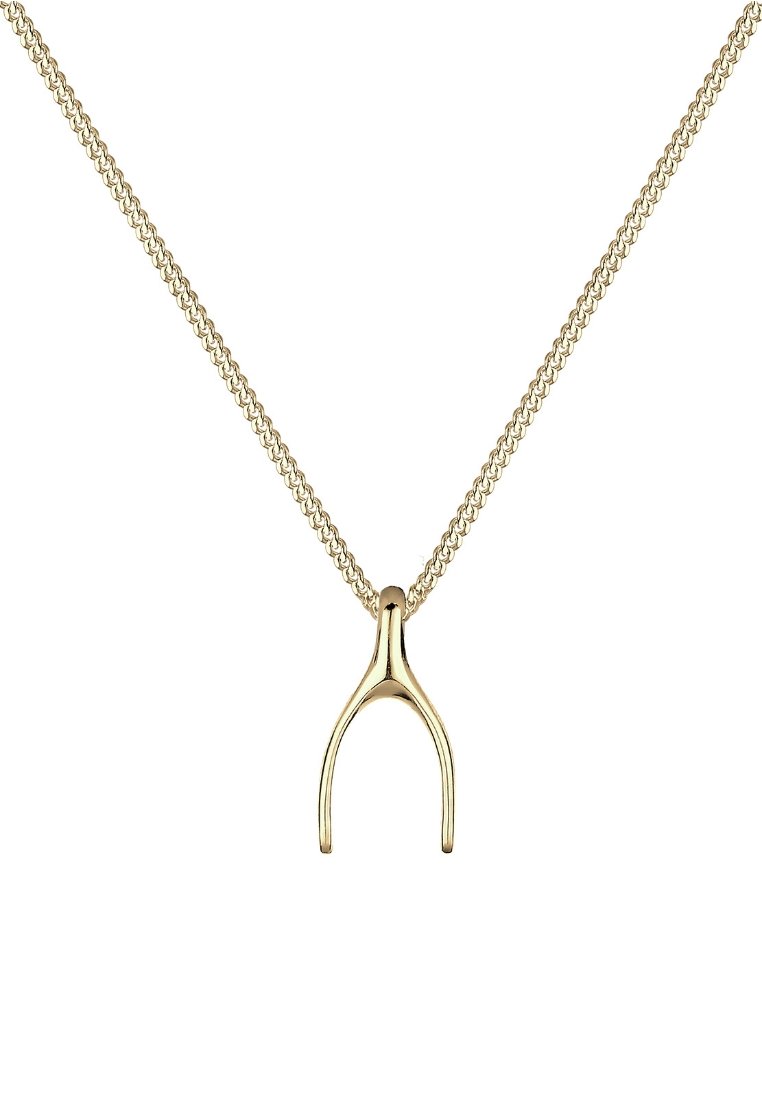 Guldfärgad halsband med en önskeknölformad pendang. Kedjan har en vriden design, medan pendangen har släta, polerade ytor.