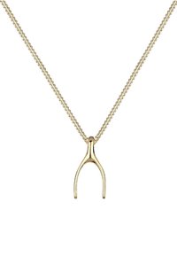 Halskette in Goldfarbe mit einem Anhänger in Form eines Wunschknochens. Die Kette hat ein gedrehtes Design, während der Anhänger glatte, polierte Oberflächen aufweist.