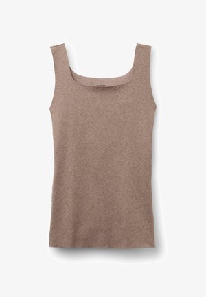 Top de algodón marrón sin mangas con escote redondo, tirantes anchos y una textura suave. Diseño simple sin patrones ni detalles adicionales.