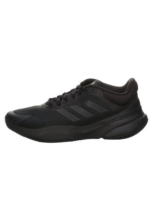 Czarne buty sportowe z teksturowaną siateczką, gładkimi syntetycznymi nałożeniami i amortyzowaną podeszwą z technologią responsywną. Logo z trzema paskami.