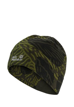 Donkergroene en zwarte fleece muts met patroon en een wit geborduurd Jack Wolfskin-logo aan de zijkant.