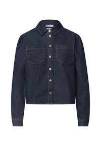 Veste en denim bleu foncé à manches longues, fermeture à boutons dorés sur le devant, deux poches poitrine et col classique.