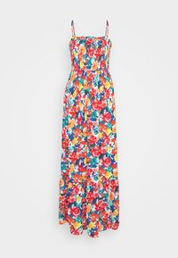 Robe longue à bretelles spaghetti, avec un motif floral multicolore sur un fond clair. Corsage froncé et ourlet volanté.