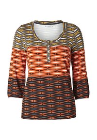 Pitkähihaista paitaa, jossa on pyöreä pääntie, ja joka esittelee geometrisen kuvion oranssissa, mustassa, keltaisessa ja harmaassa. Edessä on viisi nappia.