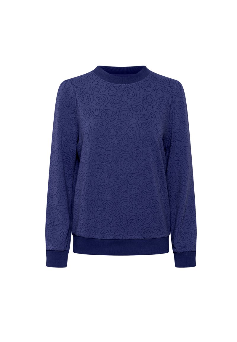 Marineblaues Sweatshirt mit einem strukturierten Blumenmuster, rundem Ausschnitt und gerippten Bündchen und Saum, aus weichem Stoff für Komfort.