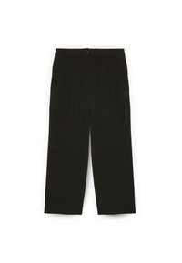 Pantalones negros de corte relajado, con pliegues en la parte frontal, cierre de botón y una textura suave. Sin patrones ni acentos notables.