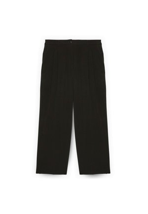 Schwarze Hose mit lockerer Passform, ausgestattet mit vorderen Falten, einem Knopfverschluss und einer glatten Textur. Keine auffälligen Muster oder Akzente.