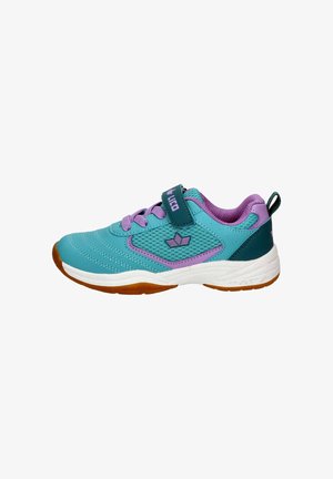 Turquoise athletic shoe with purple accents, lightweight mesh upper, adjustable strap, and a rubber sole with textured tread.