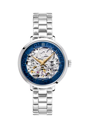 Silberne Metallarmbanduhr mit sichtbaren inneren Zahnrädern, blauem Außenring, goldenen Stunden- und Minutenzeigern und Sekundenzeiger, der 3:24:51 anzeigt.