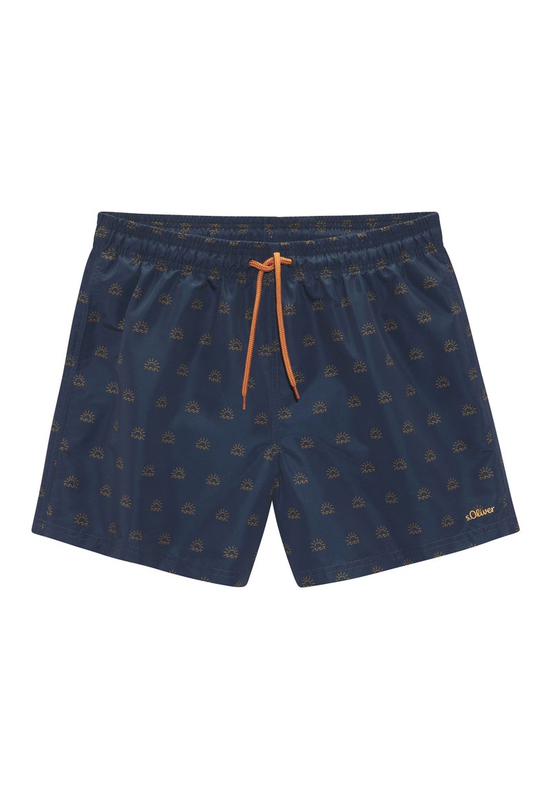 Meriveden u swim shorts, joissa on kiristysnauha, ja jotka on varustettu repeat-aurinkokuvioilla kullankeltaisena. Valmistettu kevyestä materiaalista, jossa on sileä pinta.