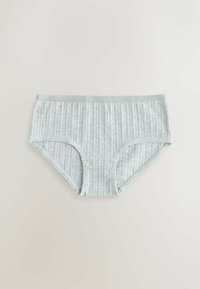 Gaiši pelēkas sieviešu biksītes ar ribotu faktūru un elastīgu vidukļa jostu. Dizains ir hipsteru stilā ar pilnu pārklājumu.