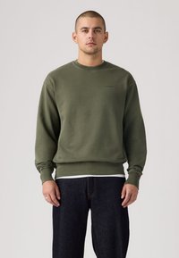 Φούτερ σε ελιά πράσινο χρώμα από μαλακό βαμβακερό ύφασμα, με στρογγυλή λαιμόκοψη, μακριά μανίκια και ριμπ μανσέτες. Μικρή λεπτομέρεια με λογότυπο στο στήθος.