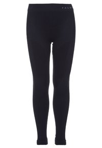 Leggings noirs avec une texture lisse, dotés d'une large ceinture. Panneaux de renfort subtils le long des côtés. Aucun fermoir visible.