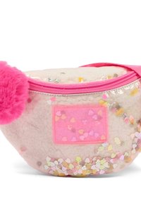 Pochette rosa in pelliccia sintetica con corpo trasparente, paillettes a forma di cuore luccicanti, design rotondo e un soffice pom pom rosa come accento sulla cerniera.