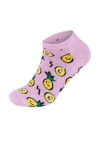 Purple ankle sock featuring yellow smiley pineapples and swirls in black, with a soft texture and ribbed cuff at the top.
