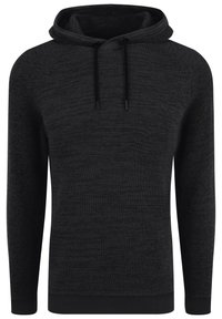 Kapuzensweatshirt aus strukturiertem schwarzem Stoff, mit einer Kordelzugkapuze sowie gerippten Bündchen und Saum. Einfaches Design ohne Muster.