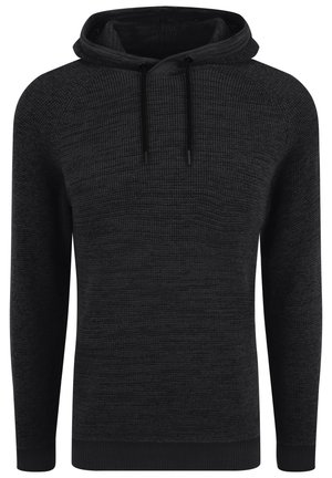 Sudadera con capucha de tejido negro texturizado, con capucha ajustable y puños y dobladillo de canalé. Diseño sencillo sin patrones.