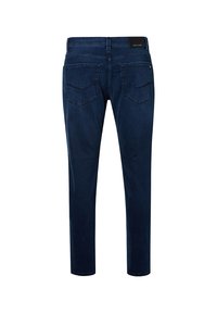 Donkerblauwe denim jeans voor mannen met een rechte pijp, twee achterzakken en subtiele stikdetails. Gemaakt van zachte, flexibele stof.