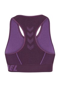 Fioletowy stanik sportowy o bezszwowej konstrukcji, w stylu racerback, z teksturowanymi panelami z siateczki oraz kontrastującymi akcentami w jaśniejszych odcieniach fioletu.