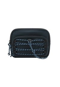 Borsa sintetica nera con superficie testurizzata, dotata di dettagli in corda blu e bianca e chiusura con zip. Forma rettangolare compatta.